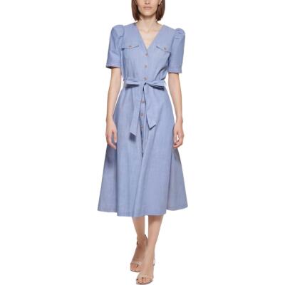

Женское синее платье-рубашка миди из шамбре с пышными рукавами Calvin Klein  BHFO 9767, Light denim