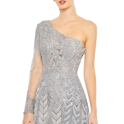 Pre-owned Mac Duggal Womens Embellished One Shoulder Evening Dress Gown Bhfo 9065 In Platinum