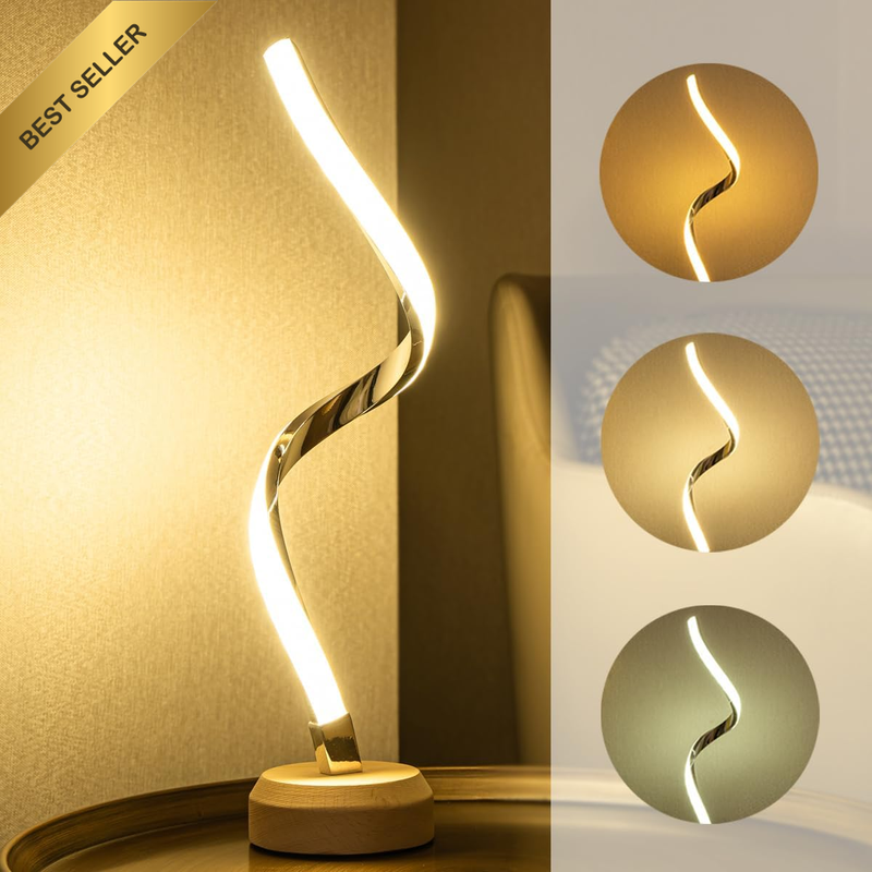 Modern Spiral LED Table Lamp, Dimmable 3-Color Nightstand Light for Bedroom Deco