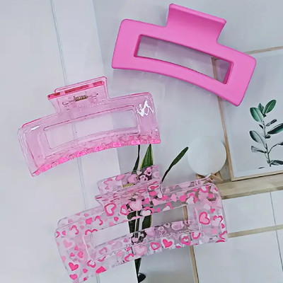 Lot of 3 Hair Claw Shark Clips Transparent Pink Heart 4.1'' & 3.3'' New Accessory