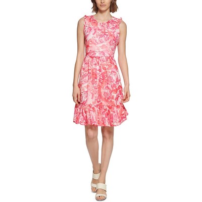 

Женское розовое платье миди до колена с цветочным принтом и оборками Calvin Klein  BHFO 9064, Розовый