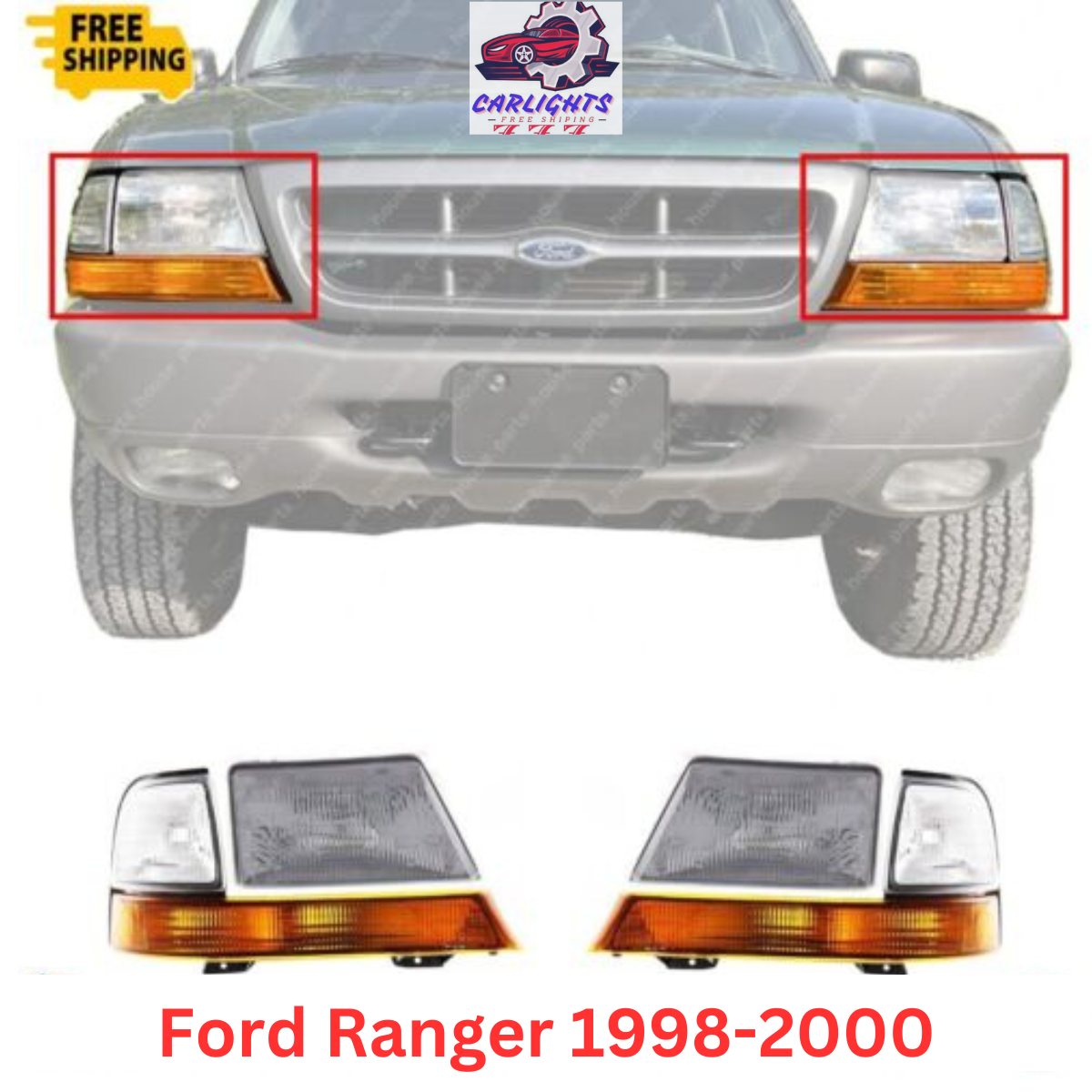 Headlight Set For 1998-2000 Ford Ranger Left and Right Side with Corner Lights