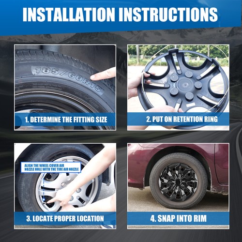 4*16" Black Lacquer Snap On Wheel Hub Caps Trim Rings fit R16 Tire & Steel Wheel