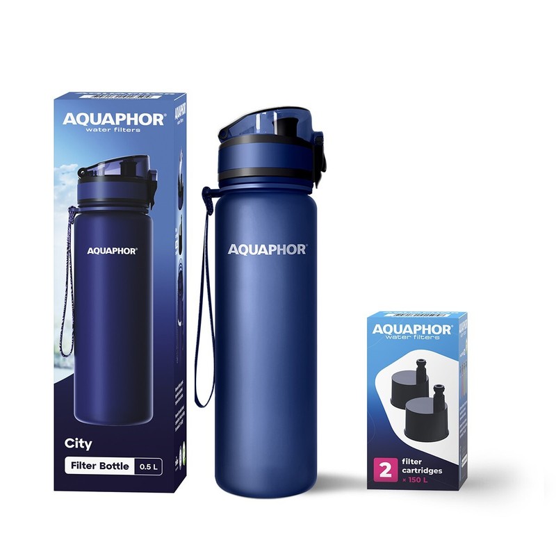 Aquaphor Set Ville Wasserfilter-Trinkflasche Incl. 1+2 Filtre, 500 Ml, Marine
