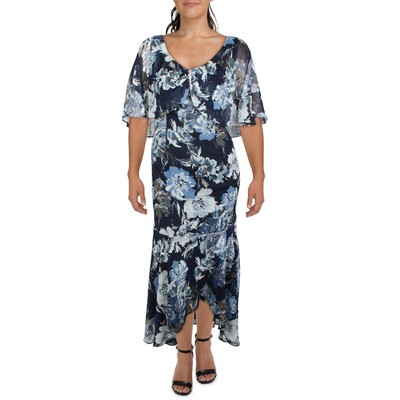 

Женское синее шифоновое вечернее платье с цветочным принтом R-M Richards плюс 14 Вт BHFO 4476, Blue multi