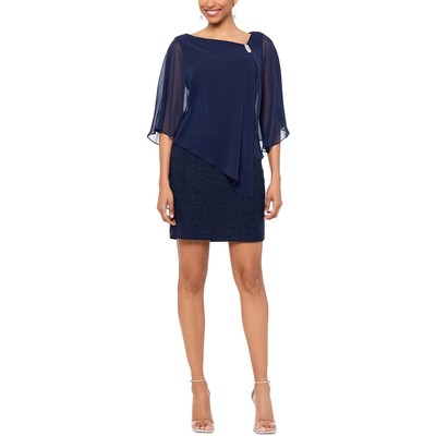 X by Xscape Womens Navy Mini Sheer Overlay Formal Sheath Dress 8 BHFO 0976
