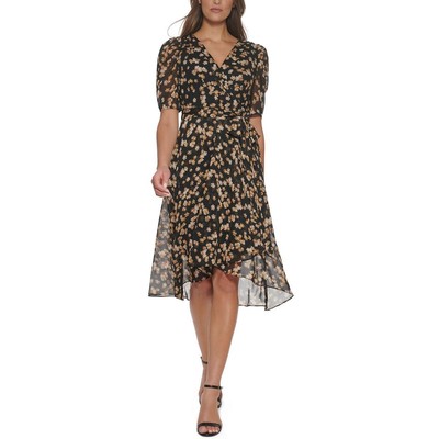 

Женское черное шифоновое платье миди с пышными рукавами Tommy Hilfiger Petites  BHFO 0610, Black/brown floral