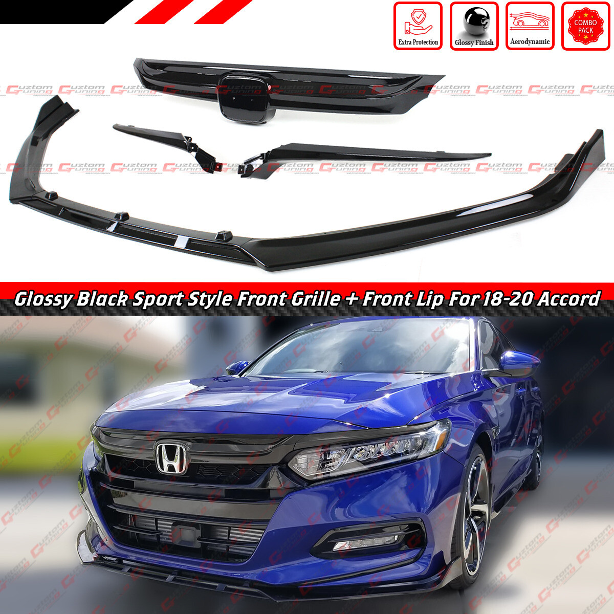 For 2018-20 Honda Accord JDM Gloss Black Sport Grille + 3pc V2 Front Bumper Lip