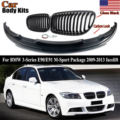 For BMW 3-Ser E90 E91 335i M-Sport LCI 2009-2013 Carbon Look Front Lip+Grilles