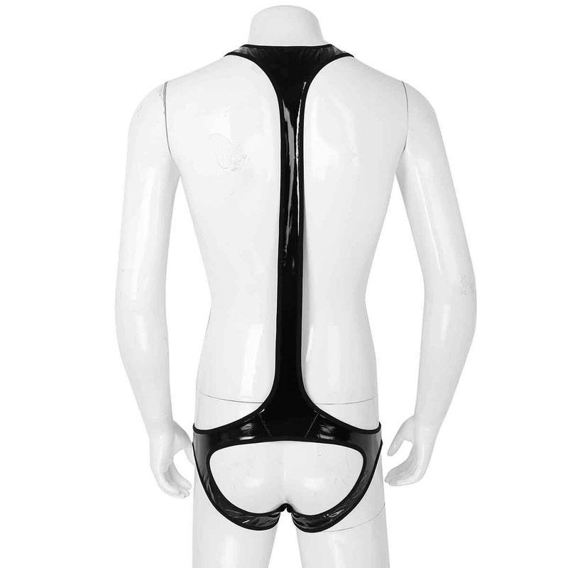 US_Mens Jockstrap Open Butt Bodysuit Leather Leotard Wrestling Singlet