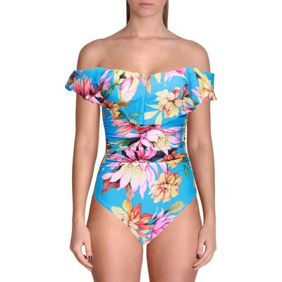 La Blanca Swimwear Женский синий цельный купальник с оборками и цветочным принтом 6 BHFO 1514