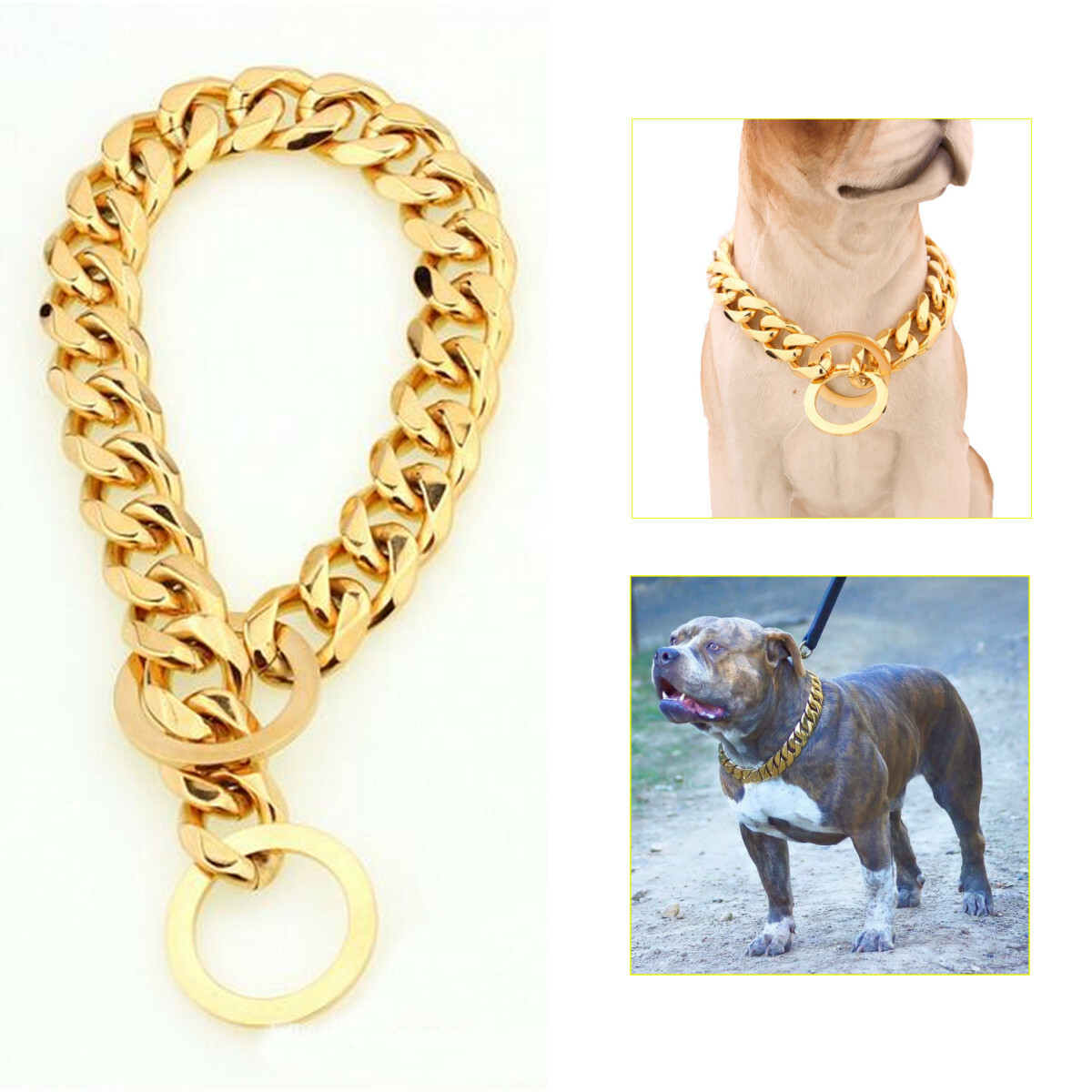 13mm Gold Tone Curb Cuban Link Dog Chain Pet Collar Stainless Steel 14''-26''