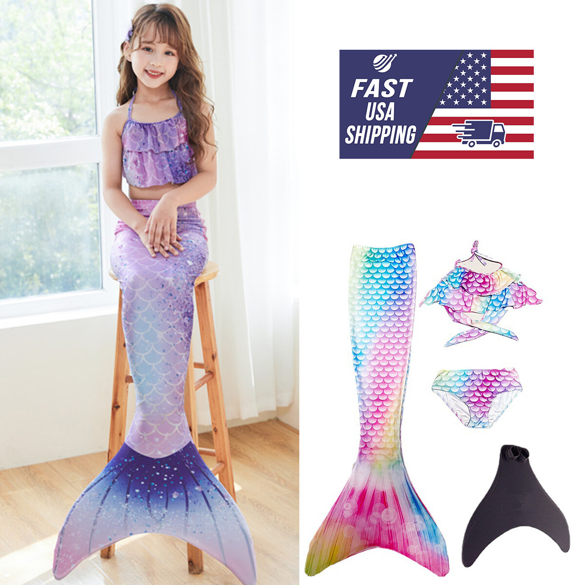 Kids Girls Mermaid Tail Swimming Costume Swimmable Monofin Swimwear Beachwear US