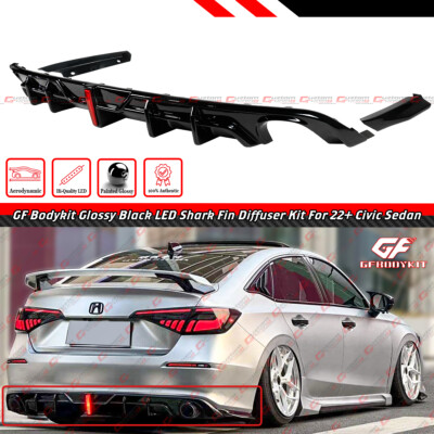 FOR 22-25 HONDA CIVIC SEDAN GF BODYKIT GLOSS BLACK LED REAR BUMPER DIFFUSER KIT
