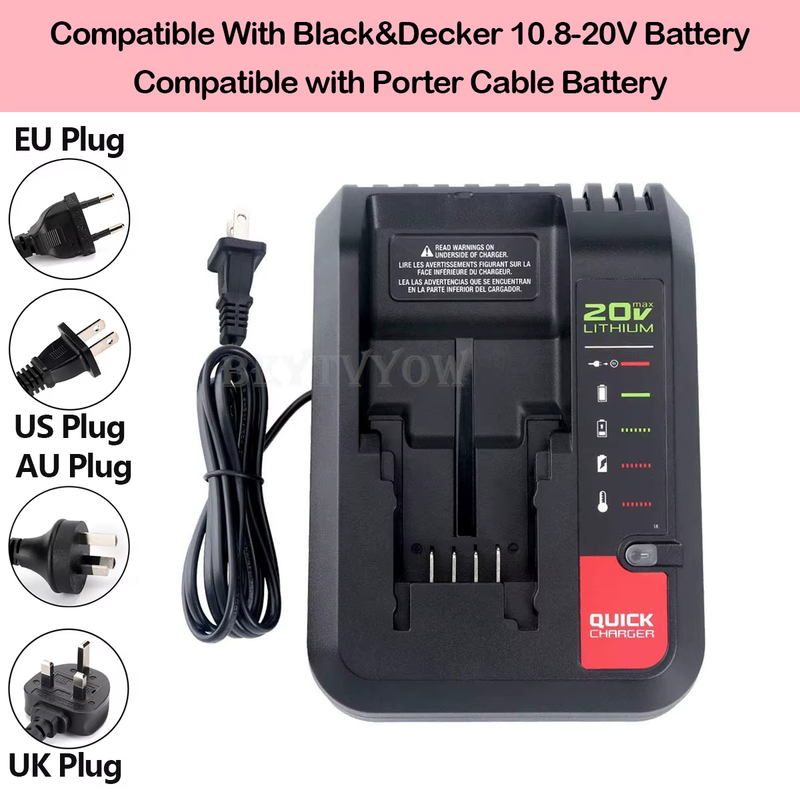 Rapid Battery Charger Compatible with Black Decker 10.8-20V battery and Porter C