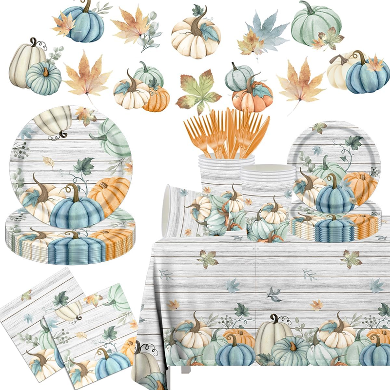 142PCS Fall Party Tableware Supplies, Disposable Blue Pumpkin Dinnerware Set
