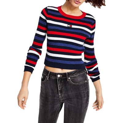 Tommy Jeans Женский темносиний трикотажный пуловер в рубчик в полоску, топ-свитер S BHFO 9195