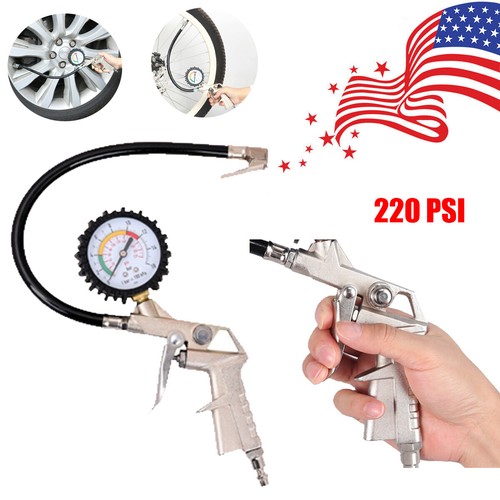 Tire Inflator With Pressure Gauge Rubber Hose Air Chuck