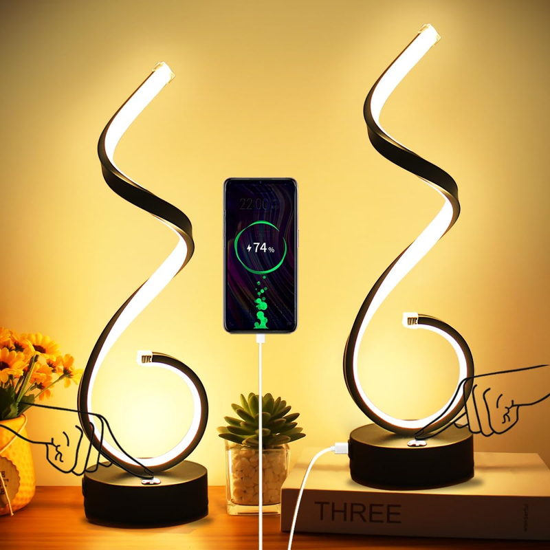 Modern Spiral LED Table Lamp Set of 2, 10W Touch Control Table Lamp with USB Charging Ports, Dimmable 3 Color Modes Bedside Nightstand Desk Lamp Light for Bedroom, Living Room, Office -Black