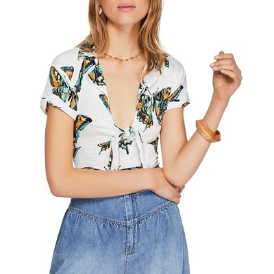 Женская футболка Free People Ready Set Sail цвета слоновой кости с галстуком-бабочкой спереди, M BHFO 4260