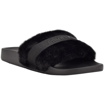 

Calvin Klein Womens Anzen Faux Fur Logo Slip On Slide Sandals Shoes BHFO 7321, Черный, Anzen