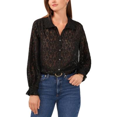 Vince Camuto Womens Burnout Button-Down Metallic Blouse Top BHFO 5116
