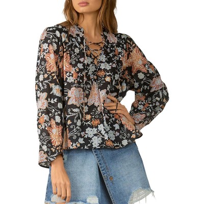 

Женская черная блузка на шнуровке с длинным рукавом Elan  BHFO 9172, Black botanical