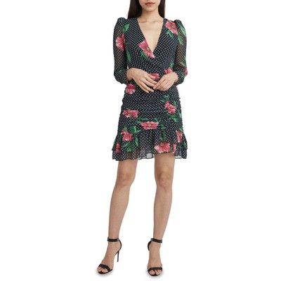 

BCBGMAXAZRIA Женское черное шифоновое вечернее мини-платье с цветочным принтом  BHFO 3394, Black combo