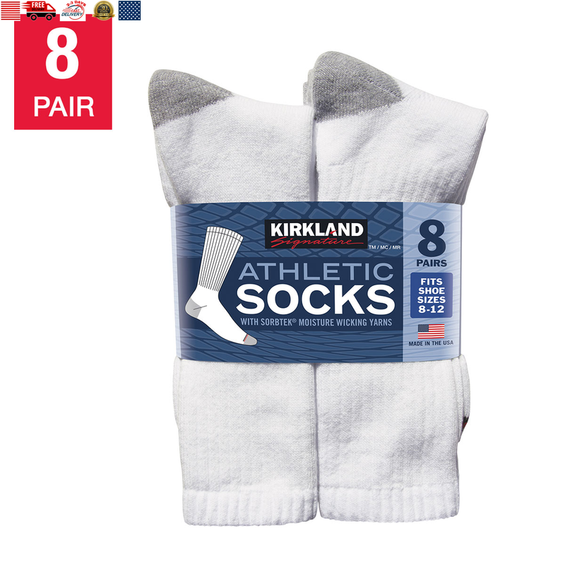 Kirkland Signature Men’S Athletic Sock 8-Pair, White Smooth Toe Seam, Free Ship.