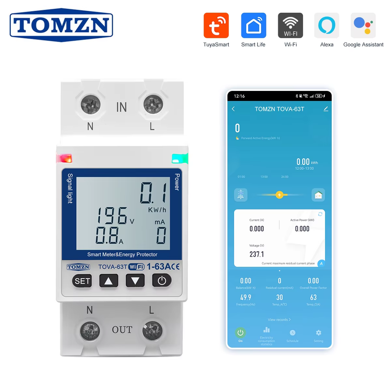 TOVA-63T WIFI Switch 63A Smartlife TUYA Circuit Breaker Energy Meter Metering Ti