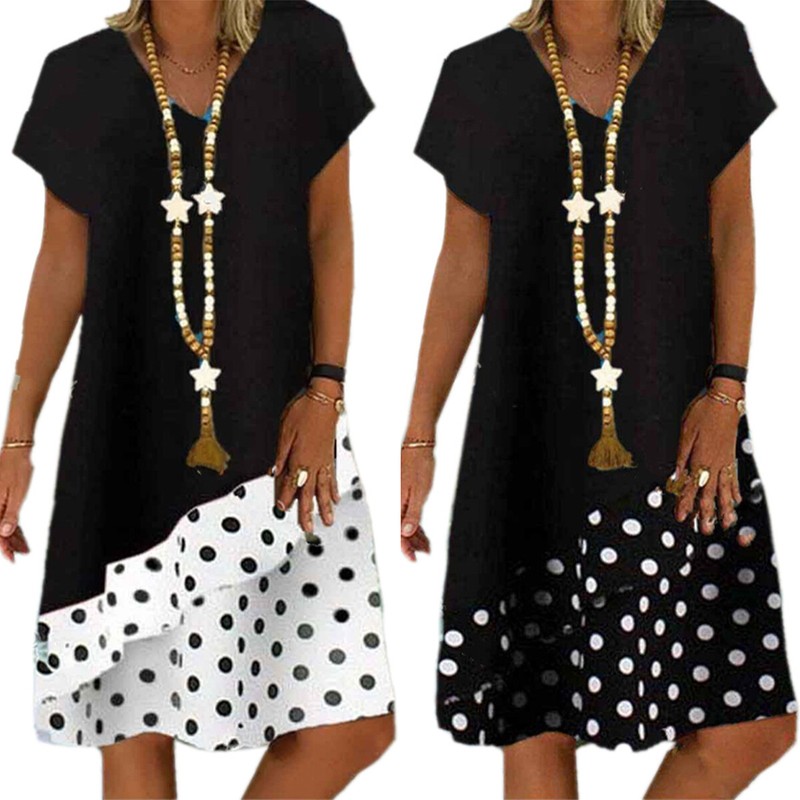 Damen Kurzarm Komfortkleid Sommerkleid Baggy Lose Gepunktet Tunikakleid Kaftan M
