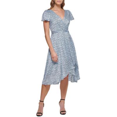 

DKNY Женское белое платье длиной до колена с запахом и развевающимися рукавами с принтом  BHFO 7741, Синий