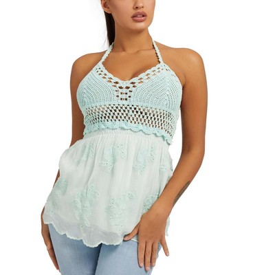 

Guess Womens Hailey Green Kit Рубашка без рукавов с коротким рукавом из шелковой смеси  BHFO 3332, Aqua breeze
