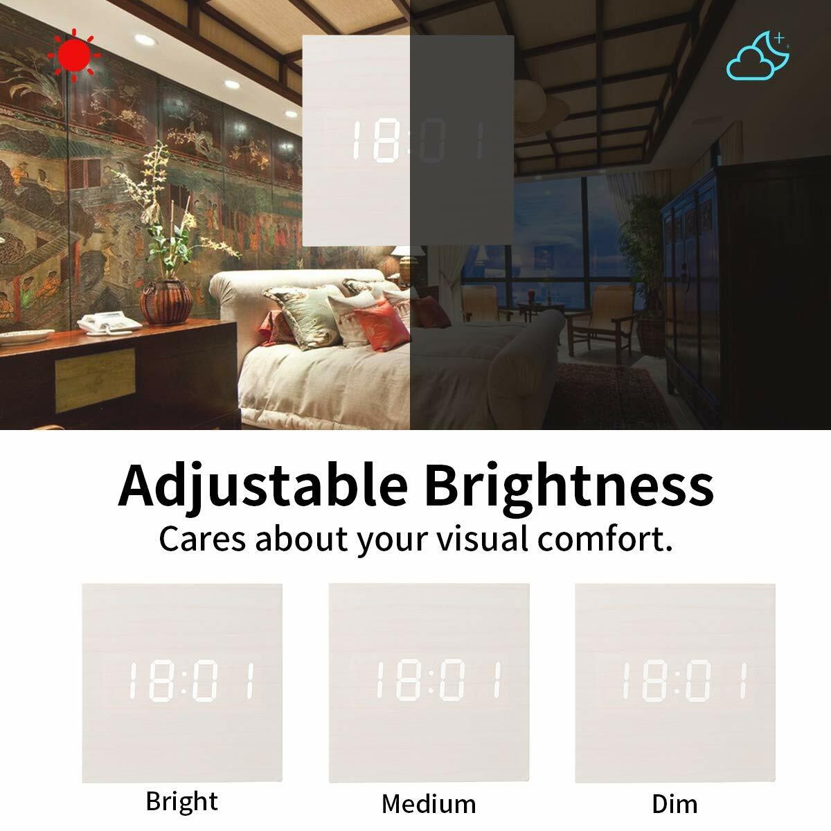 Digital Wooden Alarm Clock,LED Cube Three Alarm Sets with Wooden Electronic LED