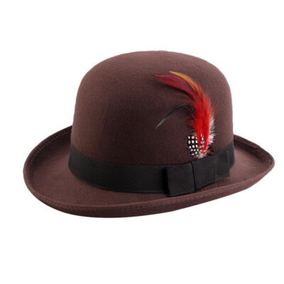 Vintage Hard Bowler Hat Wool Felt Men Women Fedora Derby Hat Removable Feather