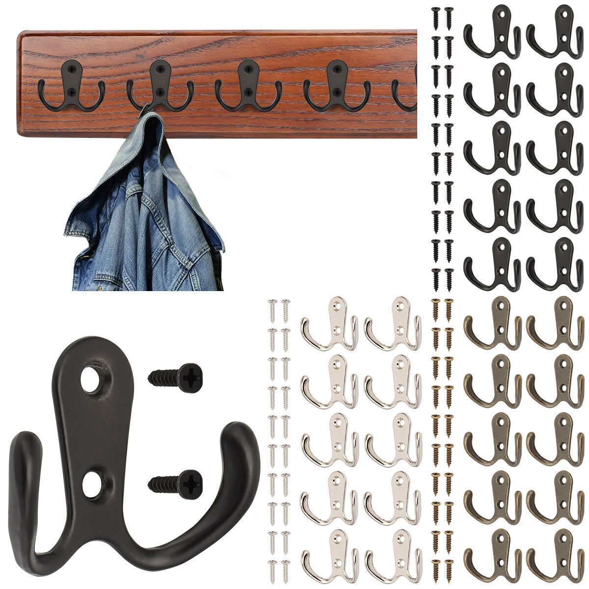 10/20pcs Heavy Duty Double Prong Coat Hooks Home Office Wall Mounted Hat Clothes