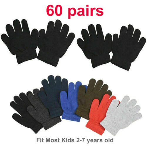 60 pair Bulk Pack Kids Warm Cold Winter Magic Gloves Knit Children Wholesale Lot