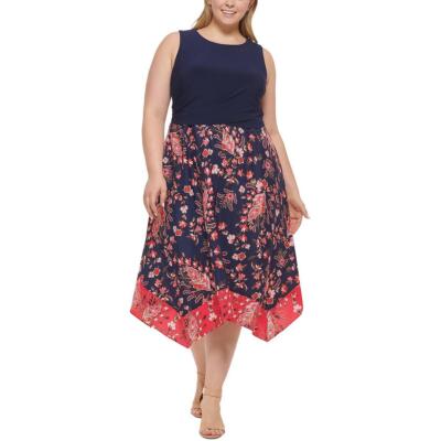 

Vince Camuto Женское двухцветное платье миди с высокой низкой юбкой и принтом плюс BHFO 5174, Navy multi