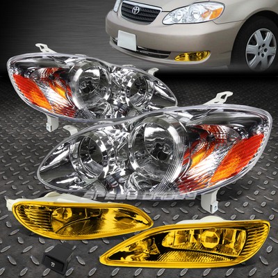 ХРОМИРОВАННЫЙ КОРПУС ФАРЫ + ЖЕЛТЫЙ БОКОВОЙ ФОНАРЬ + ЖЕЛТАЯ ПРОТИВОТУМАННАЯ ФАРА ДЛЯ 03-08 COROLLA E120