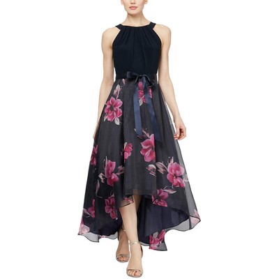 

SLNY Женское темно-синее платье макси из органзы без рукавов Hi-Low Petites  BHFO 6604, Navy multi