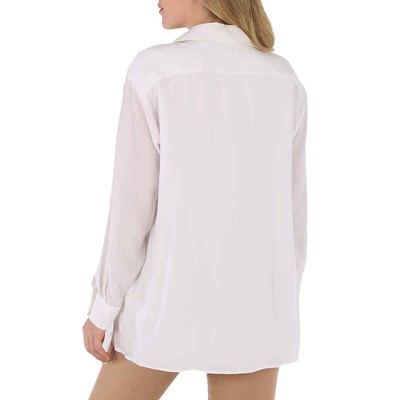 Pre-owned Burberry Ladies Optic White Logo Applique Silk Satin Oversized Shirt, Brand Size