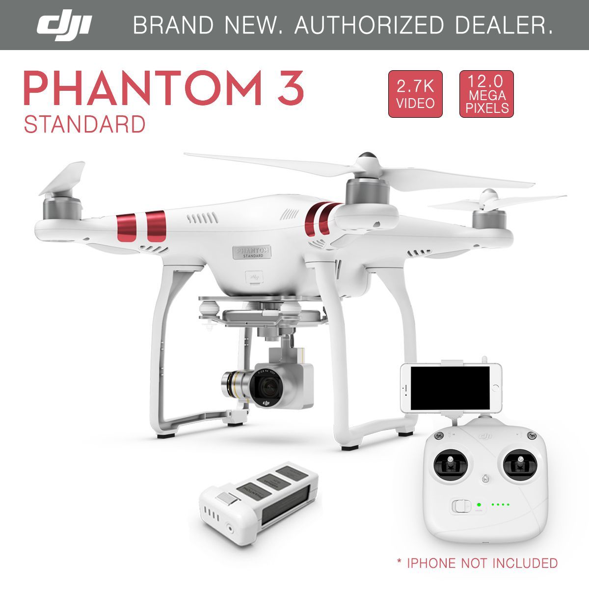 DJI Phantom 3 Standard FPV Drone with 2.7K 12 Megapixel HD Camera - Brand New