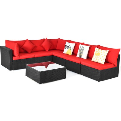 7PCS Patio Rattan Sofa Set Sectional Conversation Furniture Set Garden Red