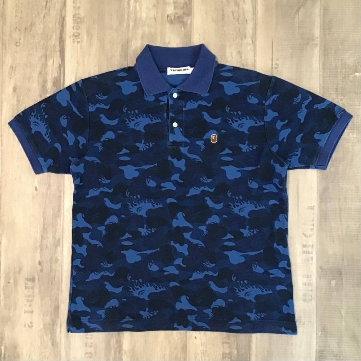 新品タグ付き BAPE FLAME AOP POLO blue Lサイズ Bape Blue Flame Polo Shirt - Oliver's Archive