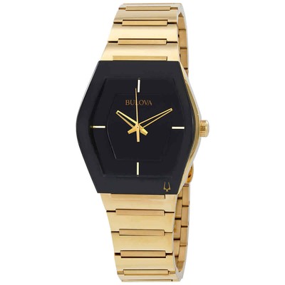 Мужские часы Bulova с черным кварцевым циферблатом и позолотой 97A164