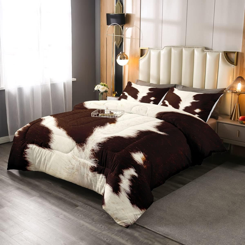 Cowhide Comforter Set Queen Size White Brown Cow Print Beddi