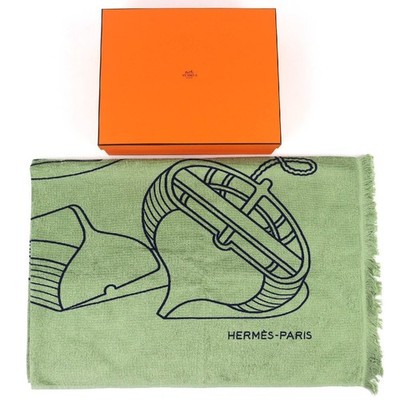 HERMES Yachting Plage Teresa Cotton Fringe Blanket Towel Beach Green (with box)