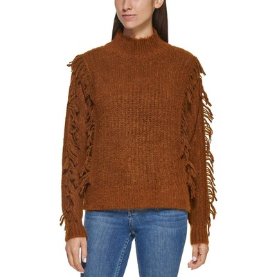 Calvin Klein Womens Fringe Knit Mock Neck Pullover Sweater Shirt BHFO 6586