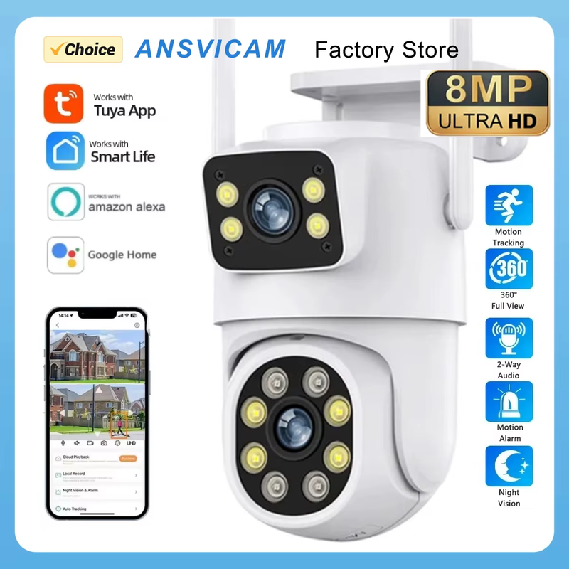 8MP 4K Dual Lens PTZ WIFI Camera Outdoor Full HD Dual Screen Security Video Surv