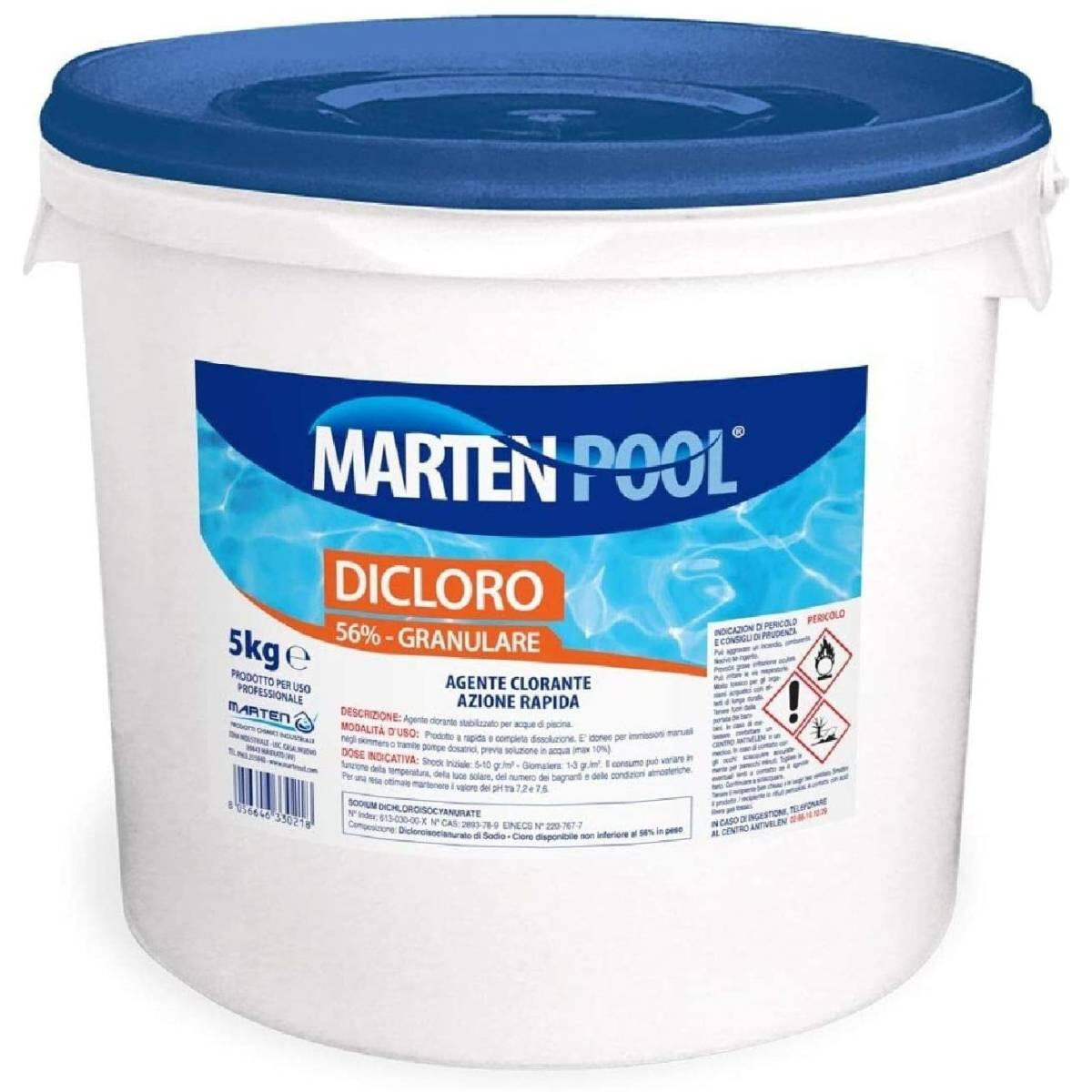 DICLORO GRANULARE CLORO IN GRANI POLVERE 5 kg PER PISCINE PISCINA MARTEN POOL